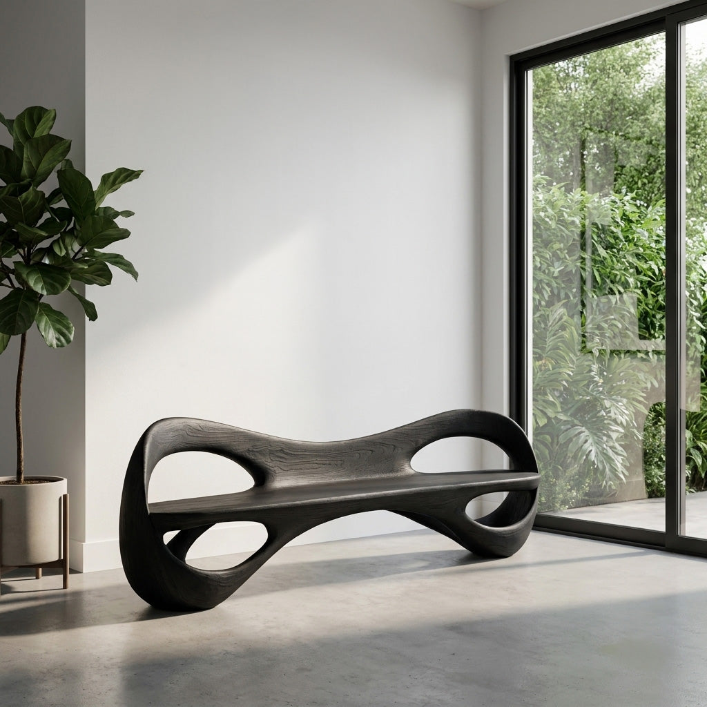 Modern Sculptural Natural Wood Curved Bench For Living Room