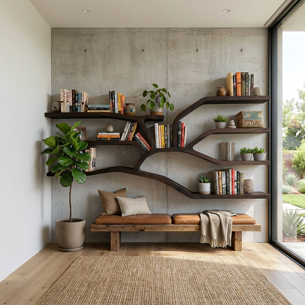 Handcrafted Sculptural Wooden Bookshelf For Living Room Decor