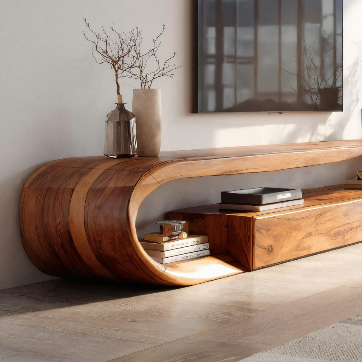 Modern Curved TV Console With Drawer For Living Room