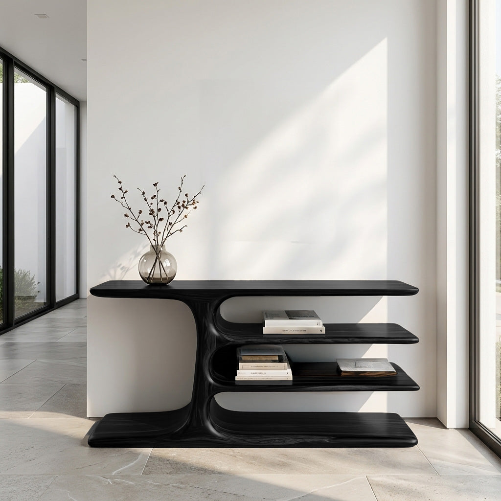Organic Wooden Console Table With Layered Shelving For Hallway