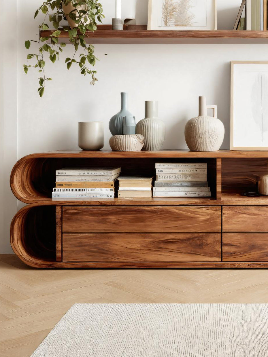Rounded Edge Cabinet With Open Shelf For Living Room