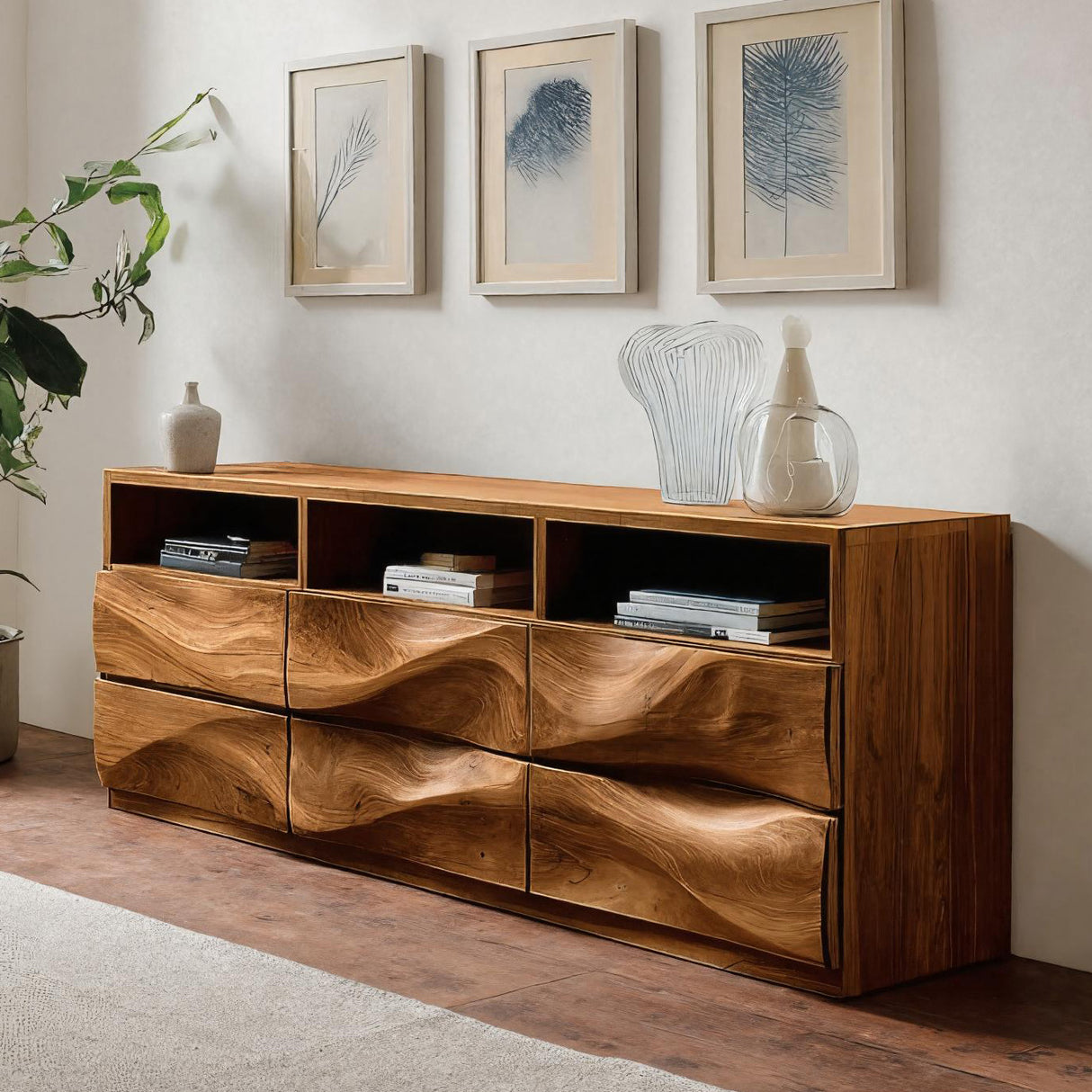 Contemporary Wooden Sideboard With Open Display Shelf For Interior