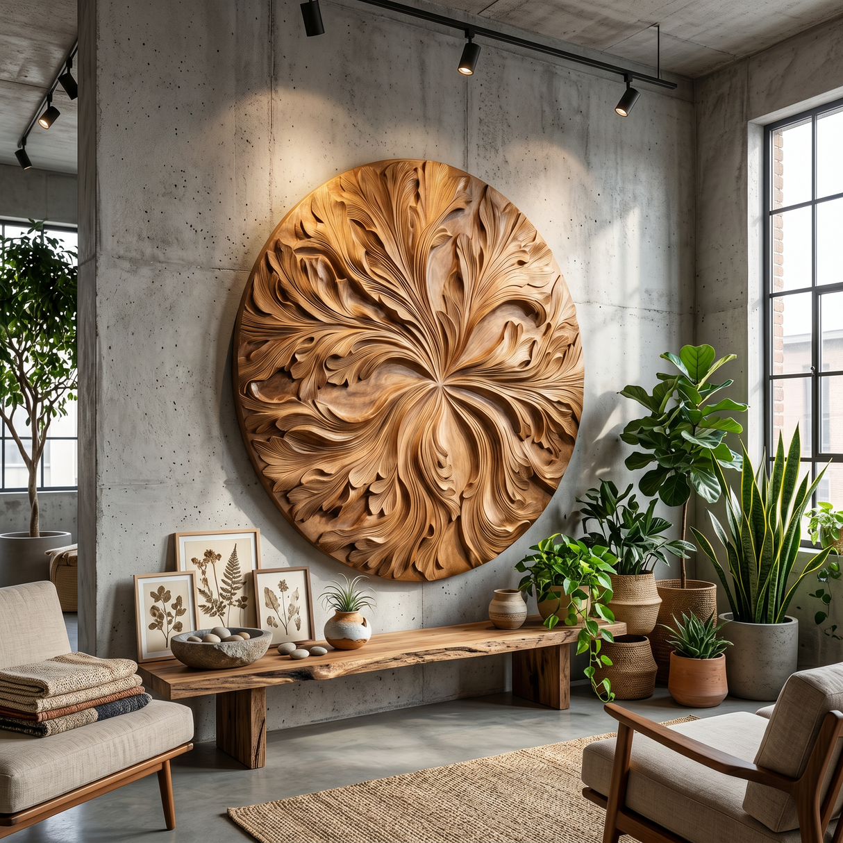 Round Wood Wall Decor With Floral Texture For Foyer