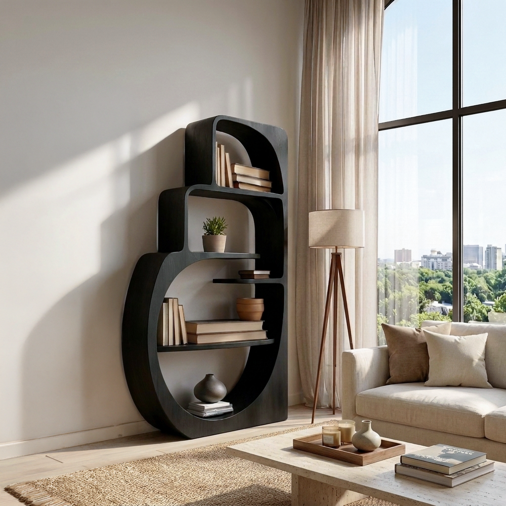 Organic Wood Bookshelf With Multiple Storage Levels For Living Room