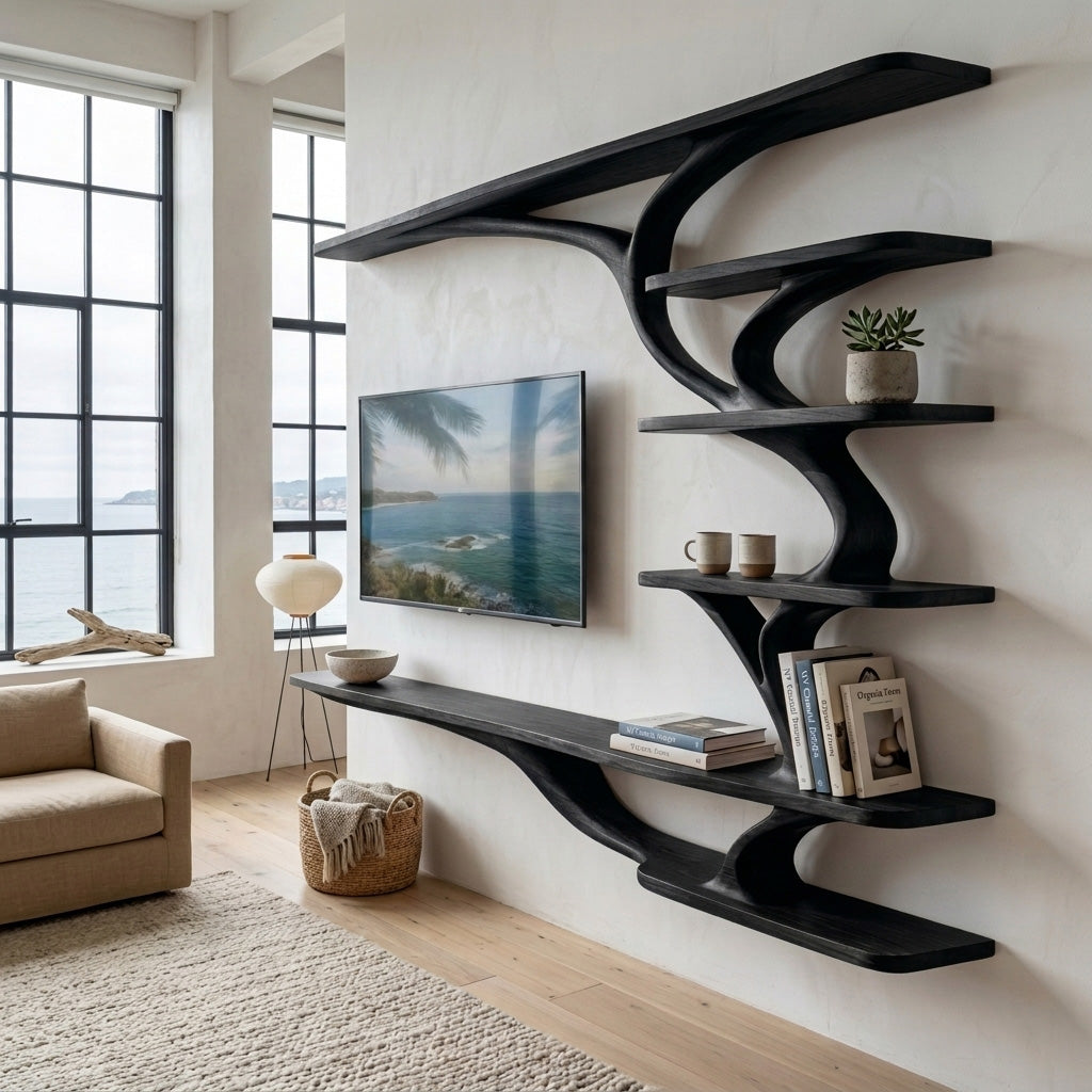 Modern Wood Wall Mounted TV Shelf For Home Style