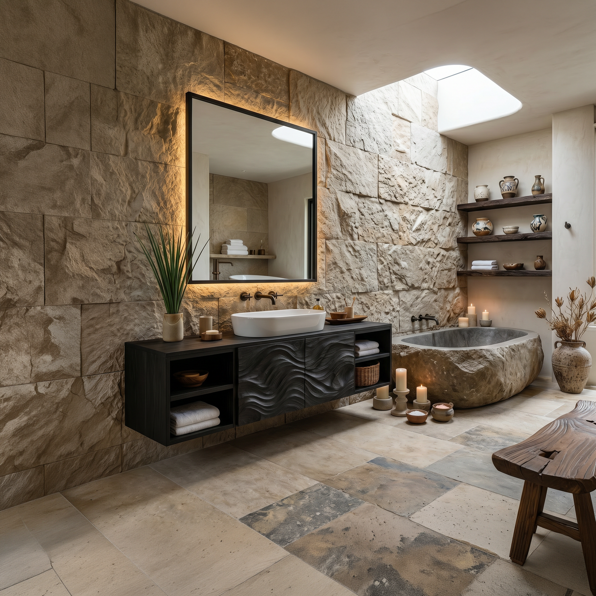 Organic Floating Bathroom Vanity With Open Shelves For Contemporary Bathroom