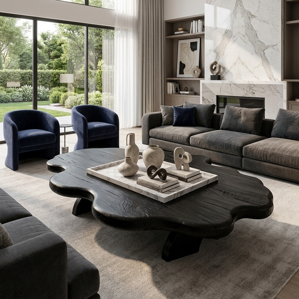 Wooden Coffee Table With Wave Tabletop For Luxury Living Room