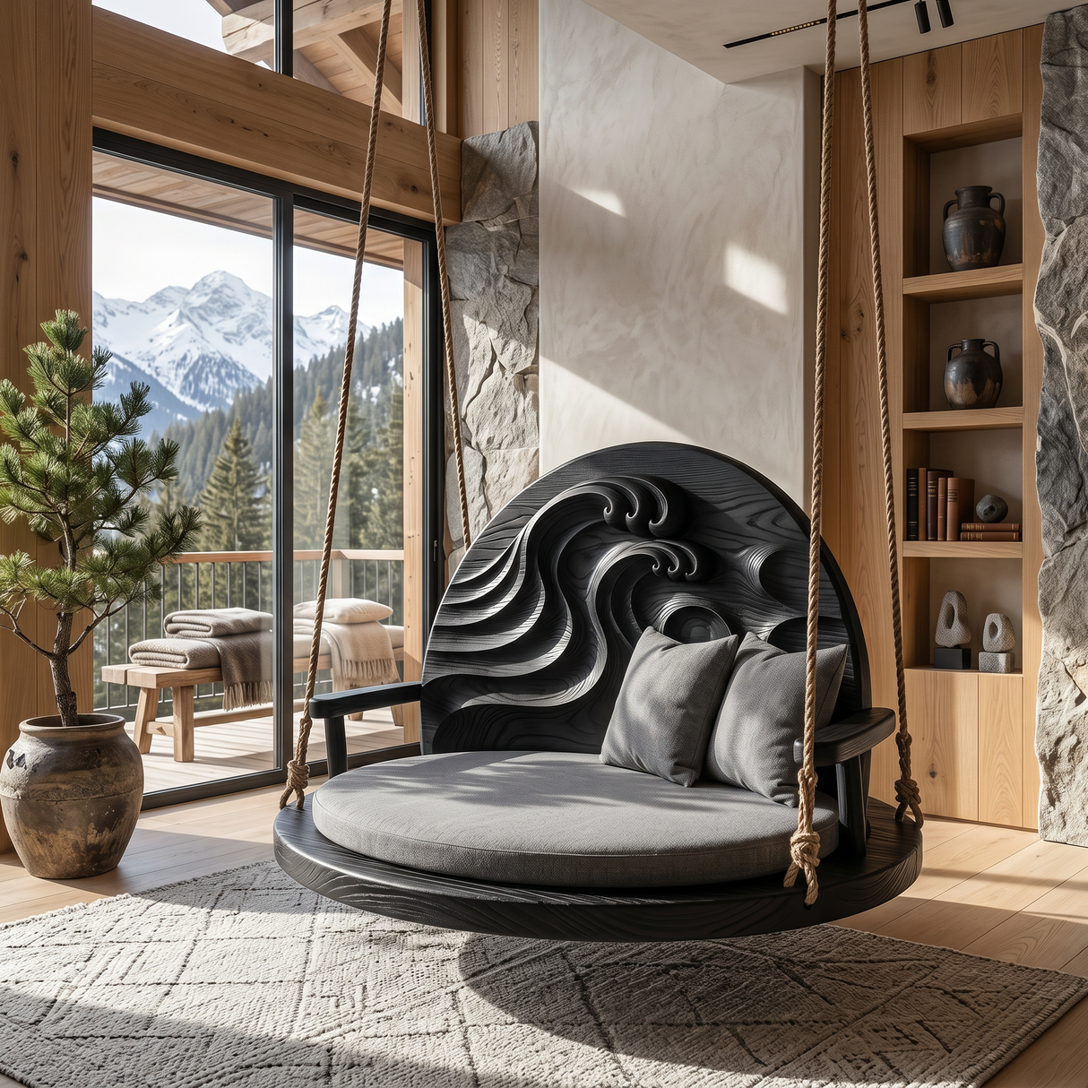 Mid Century Carved Back Indoor Swing Living Room Interior
