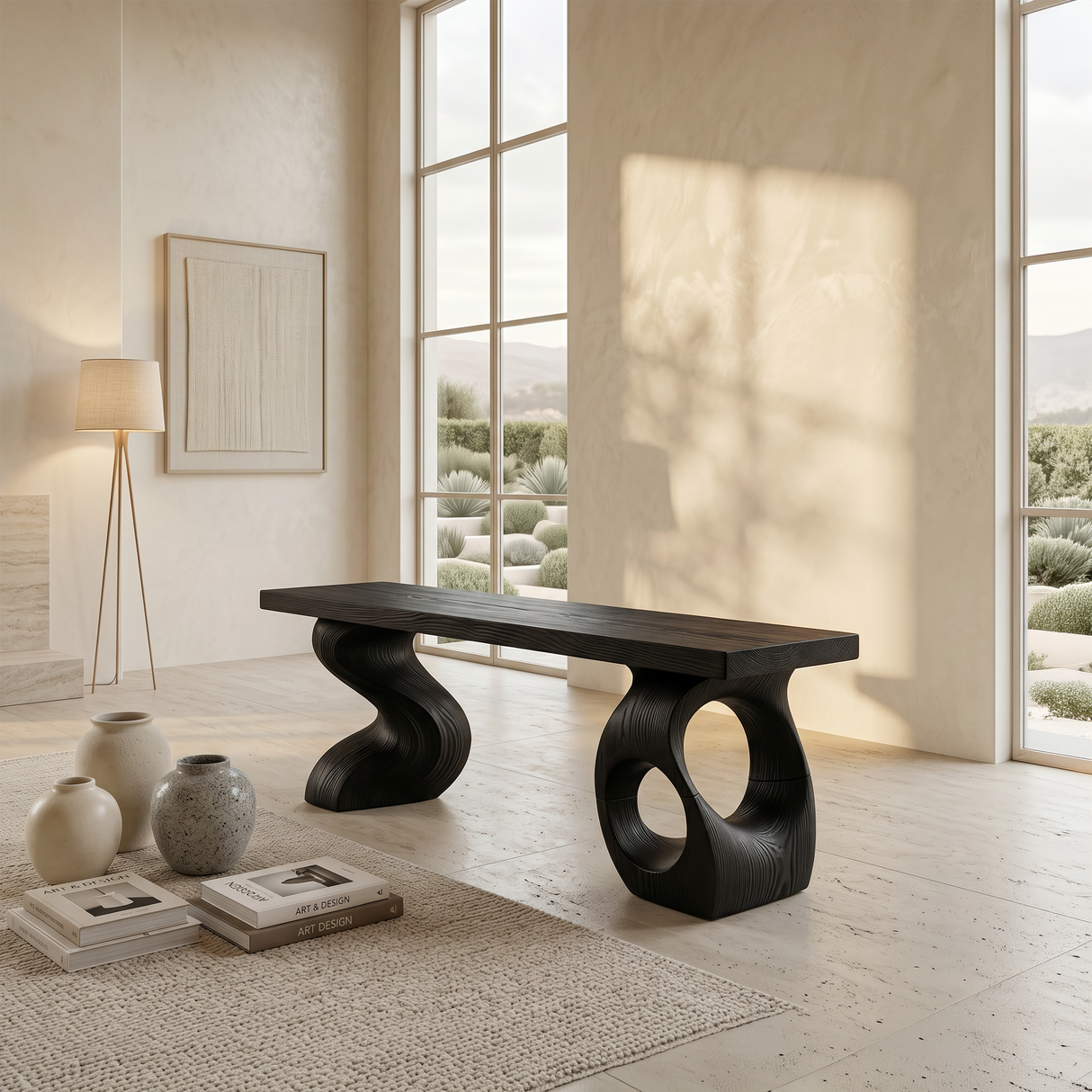 Modern Sculptural Twisted Base Bench For Living Interior Space