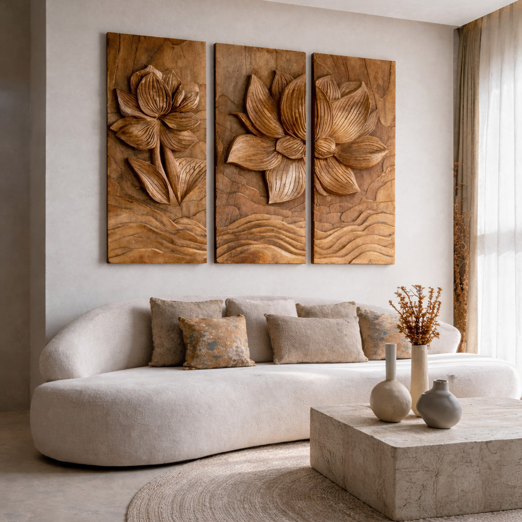 Modern Organic Lotus Wood Wall Art Set For Living Room