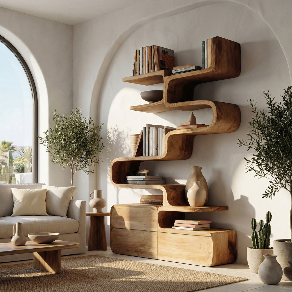 Scandinavian Sculptural Wooden Bookshelf For Living Room