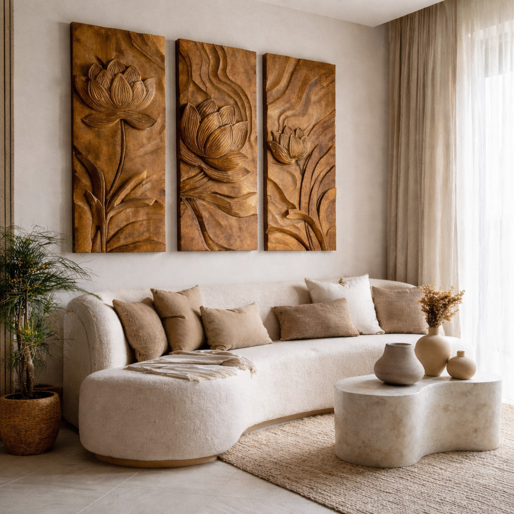 Scandinavian Minimalist Carved Wood Floral Art For Living Room