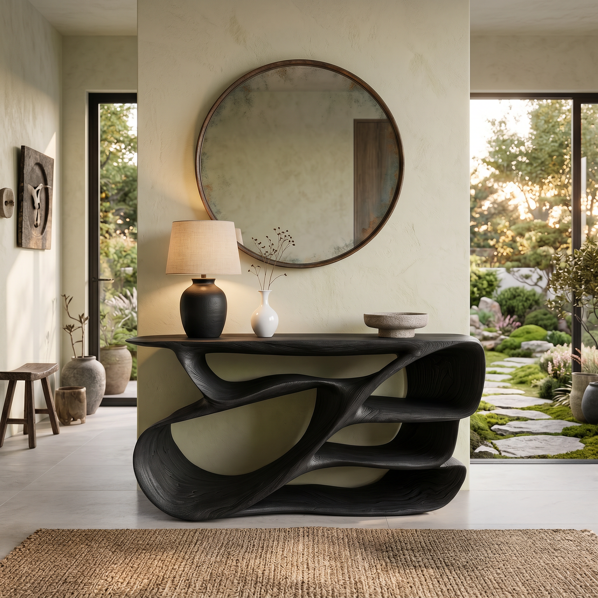 Organic Wooden Console Table With Hollow Compartments For Living Decor