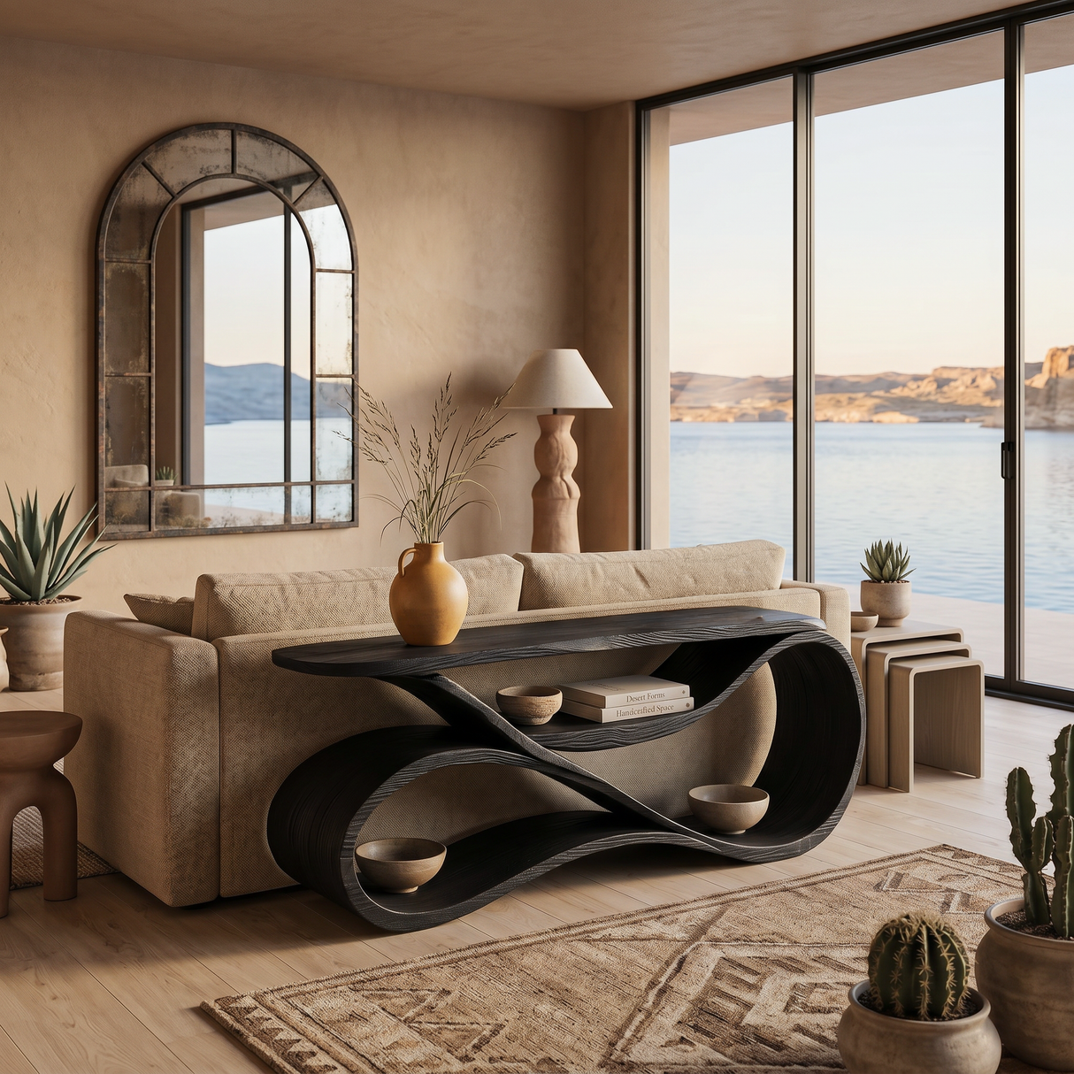 Modern Wooden Console Table Flowing Shelf Design For Living