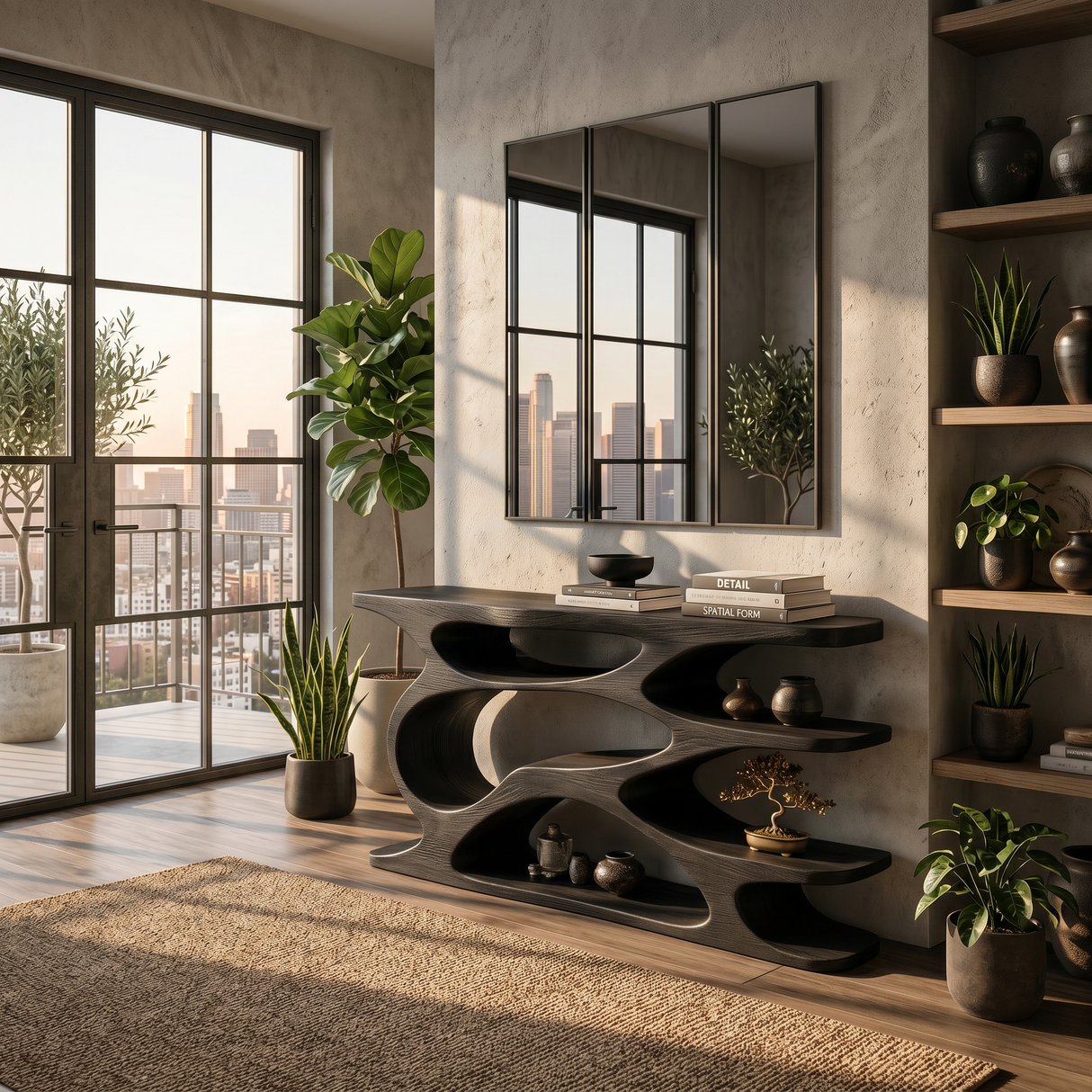 Rustic Wooden Console Table With Curved Open Storage For Living