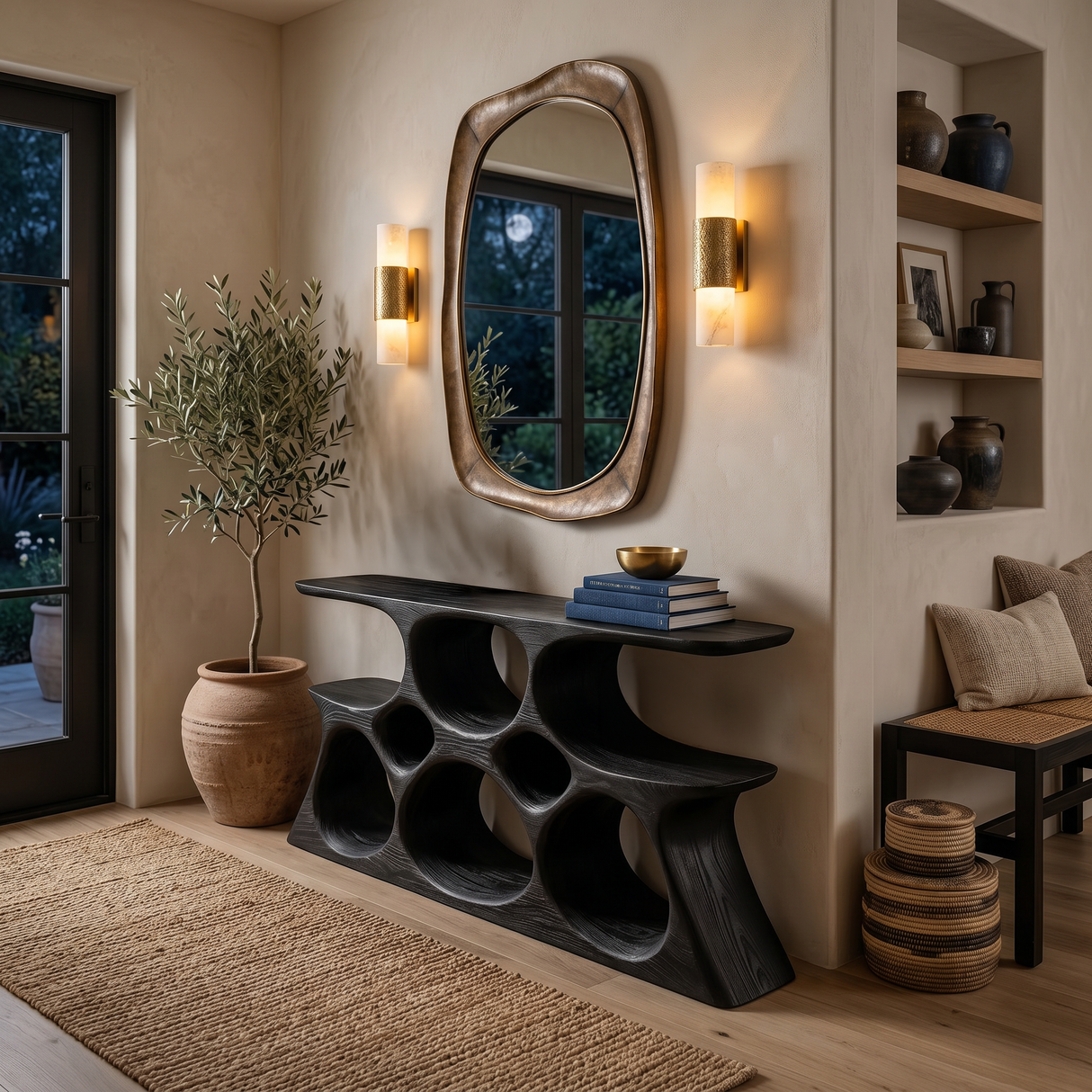 Elegant Wooden Console Table With Sculptural Shelves For Home Decor