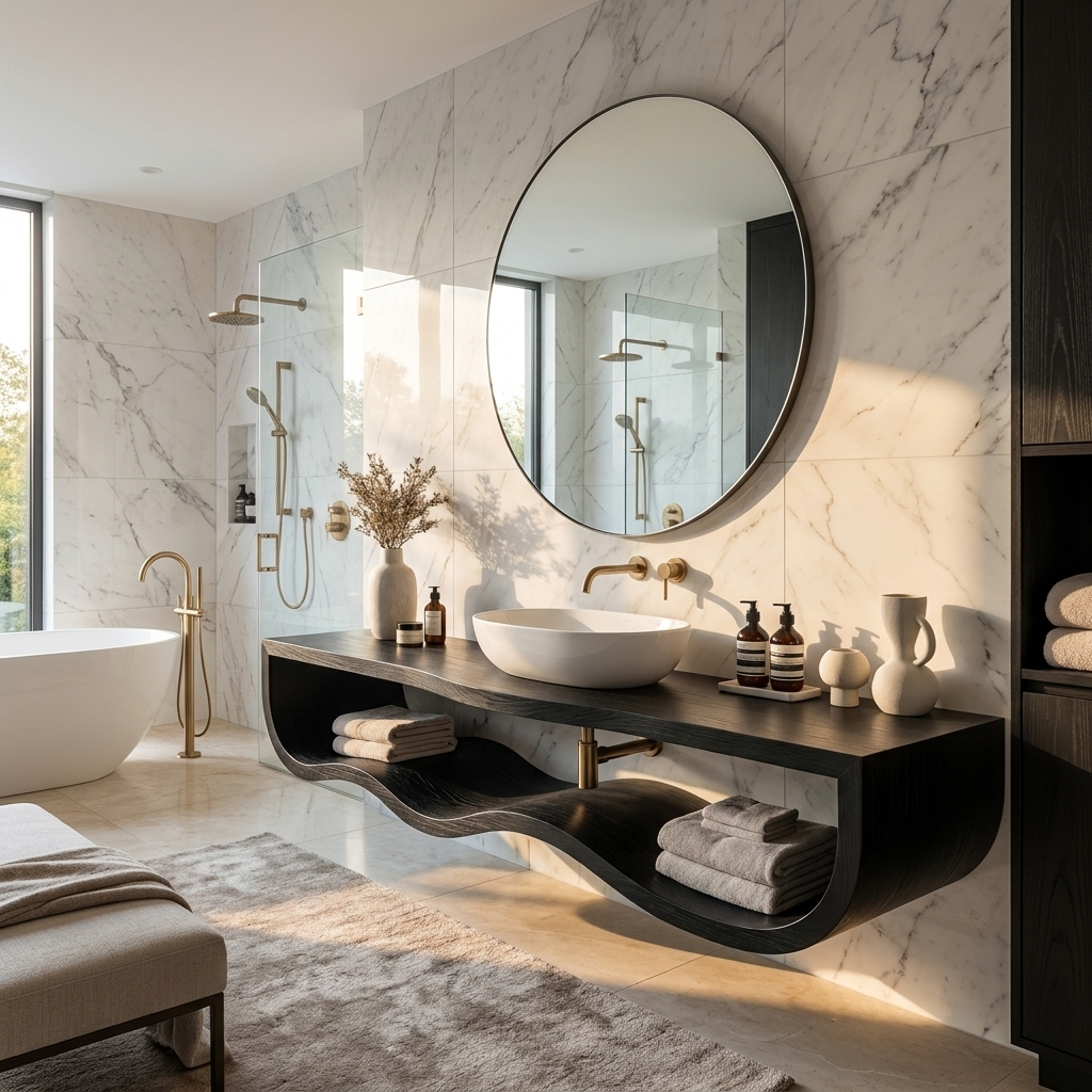 Wood Bathroom Vanity With Floating Wave Shelf For Modern Bath