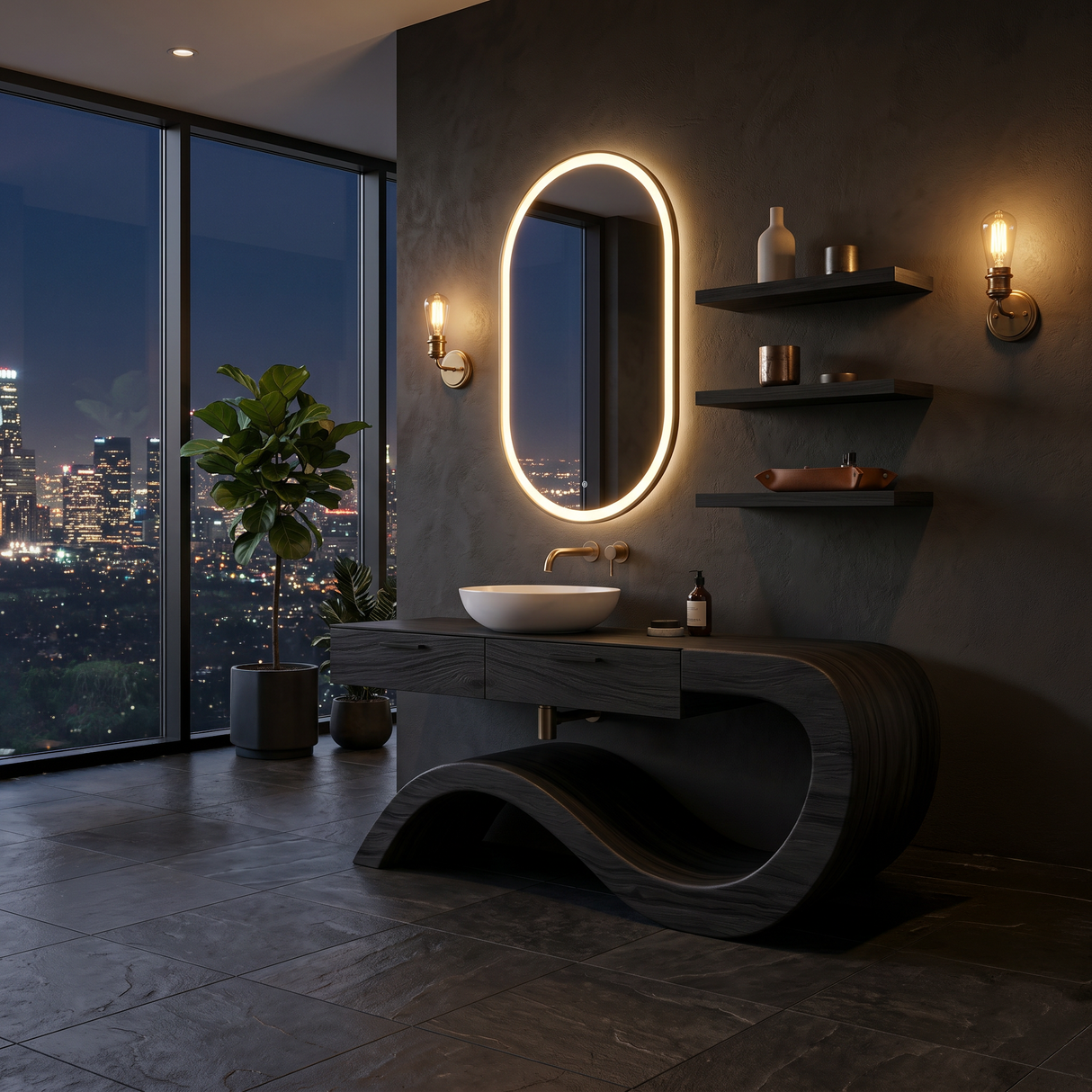 Modern Wood Bathroom Vanity With Sculptural Wave Base For Bath