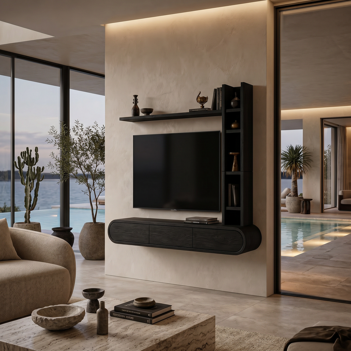 Wooden Floating TV Stand With Tall Open Shelf For Living
