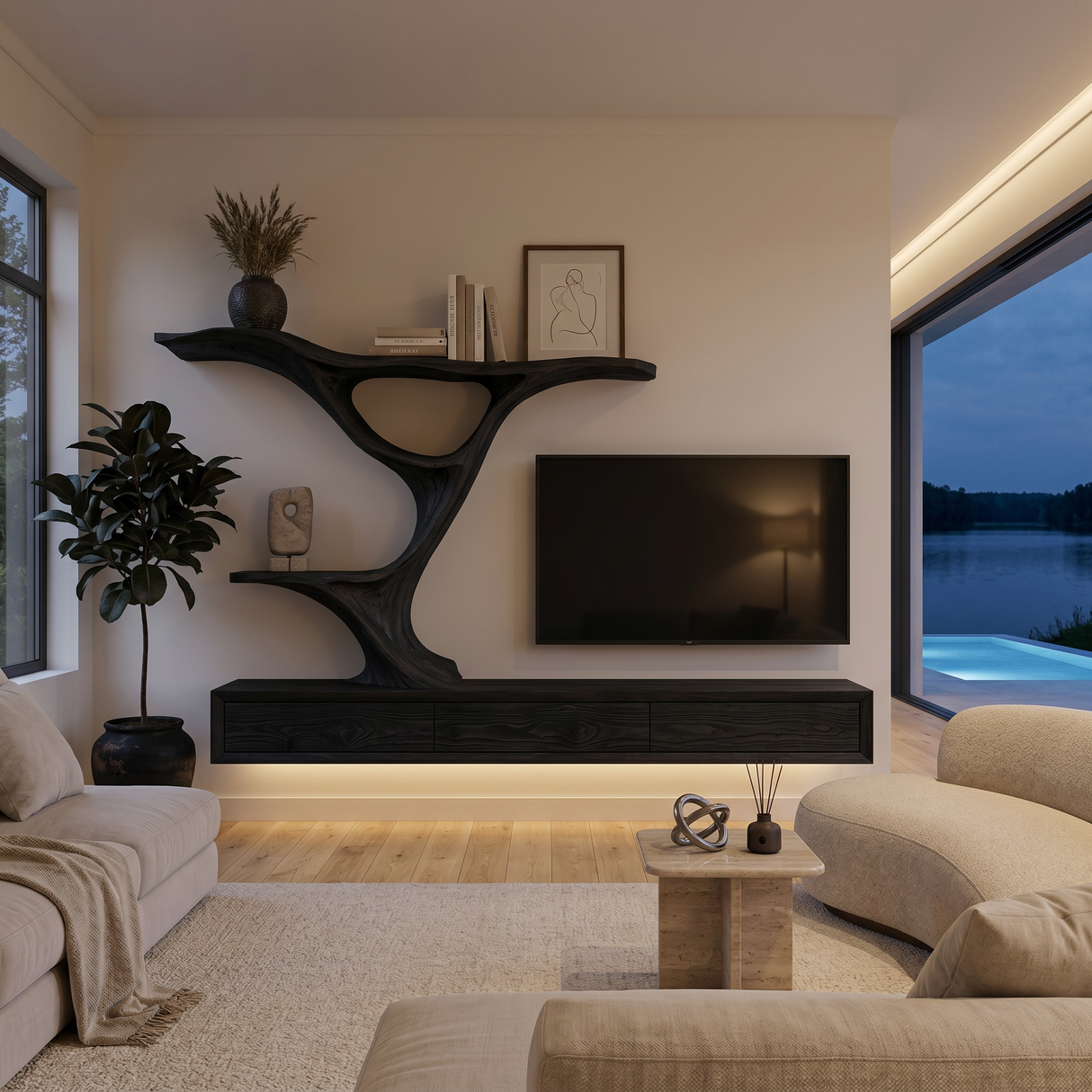 Wooden Floating TV Stand With Side Branch-shaped Storage For Living