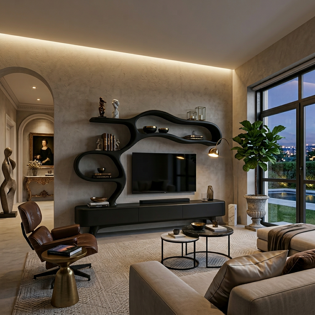 Organic Modern Wood TV Cabinet With Flowing Shelving For Living