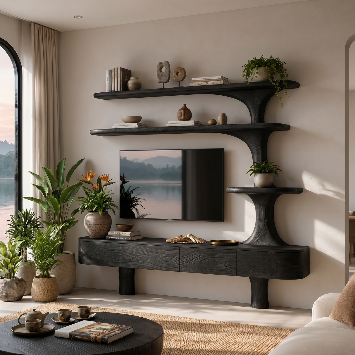 Rustic Wood TV Cabinet With Sculptural Display Shelves For Home