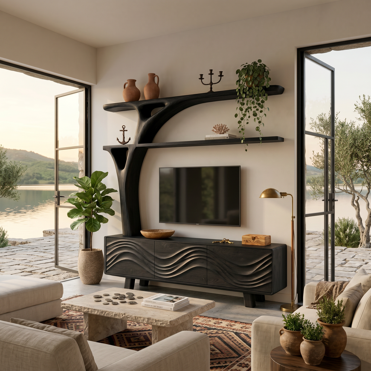 Luxury Wood TV Cabinet With Sculptural Open Shelving For Interior
