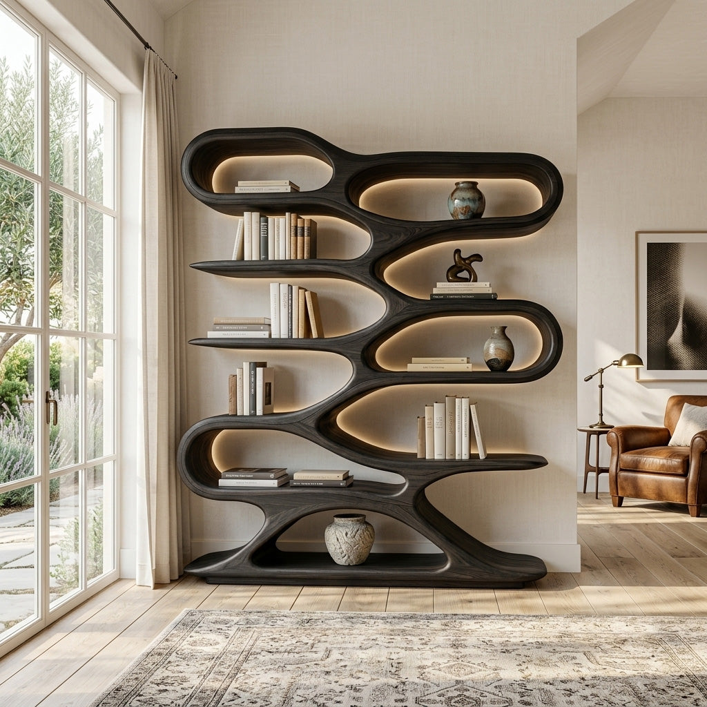 Organic Sculptural Wood Bookcase For Living Room Decor