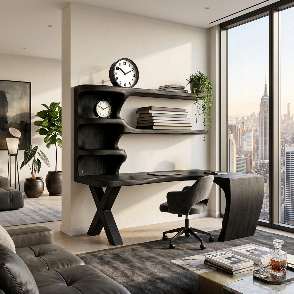 Contemporary Wood Desk With Curved Bookshelves For Home Office