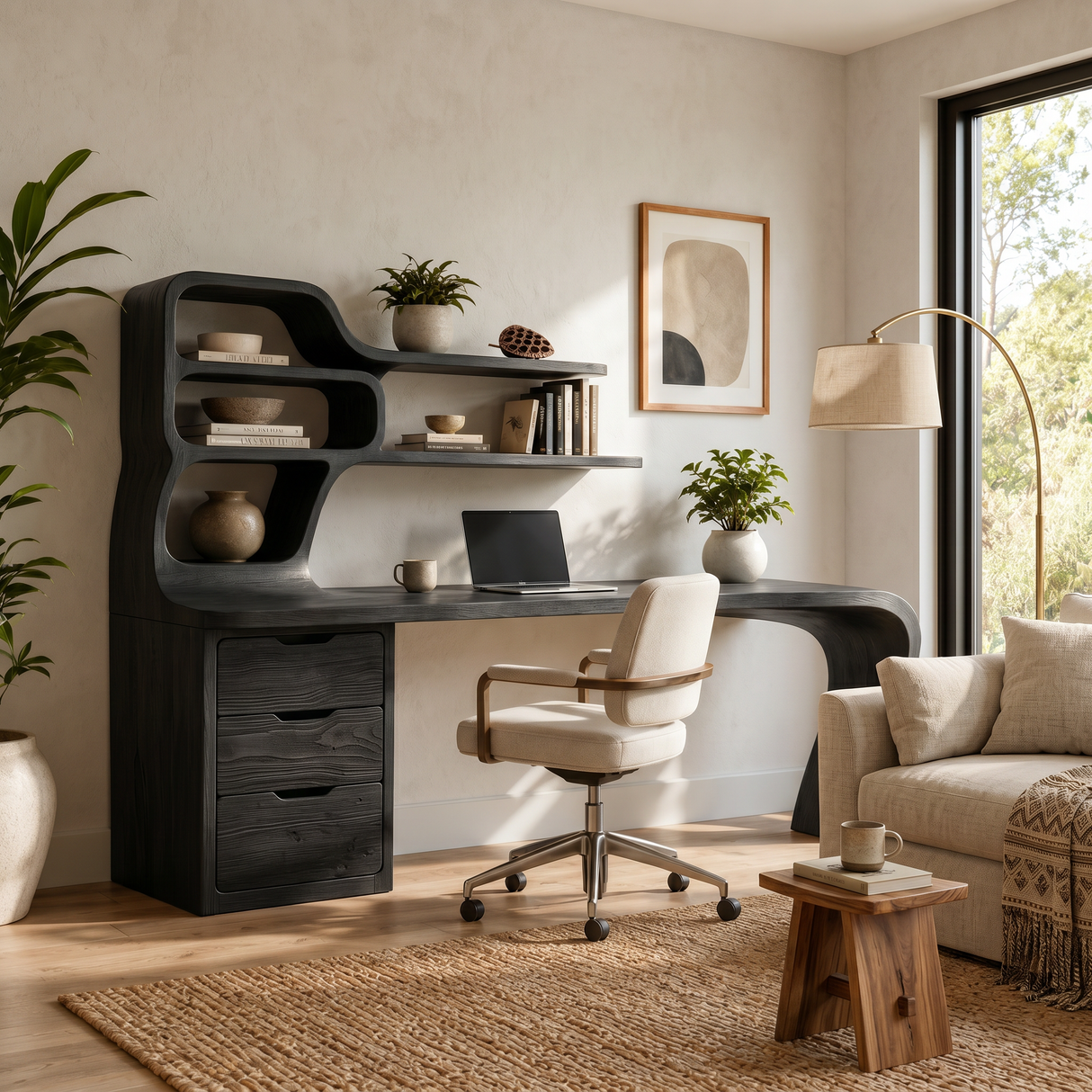 Modern Desk With Integrated Shelves And Drawers For Home Workspace
