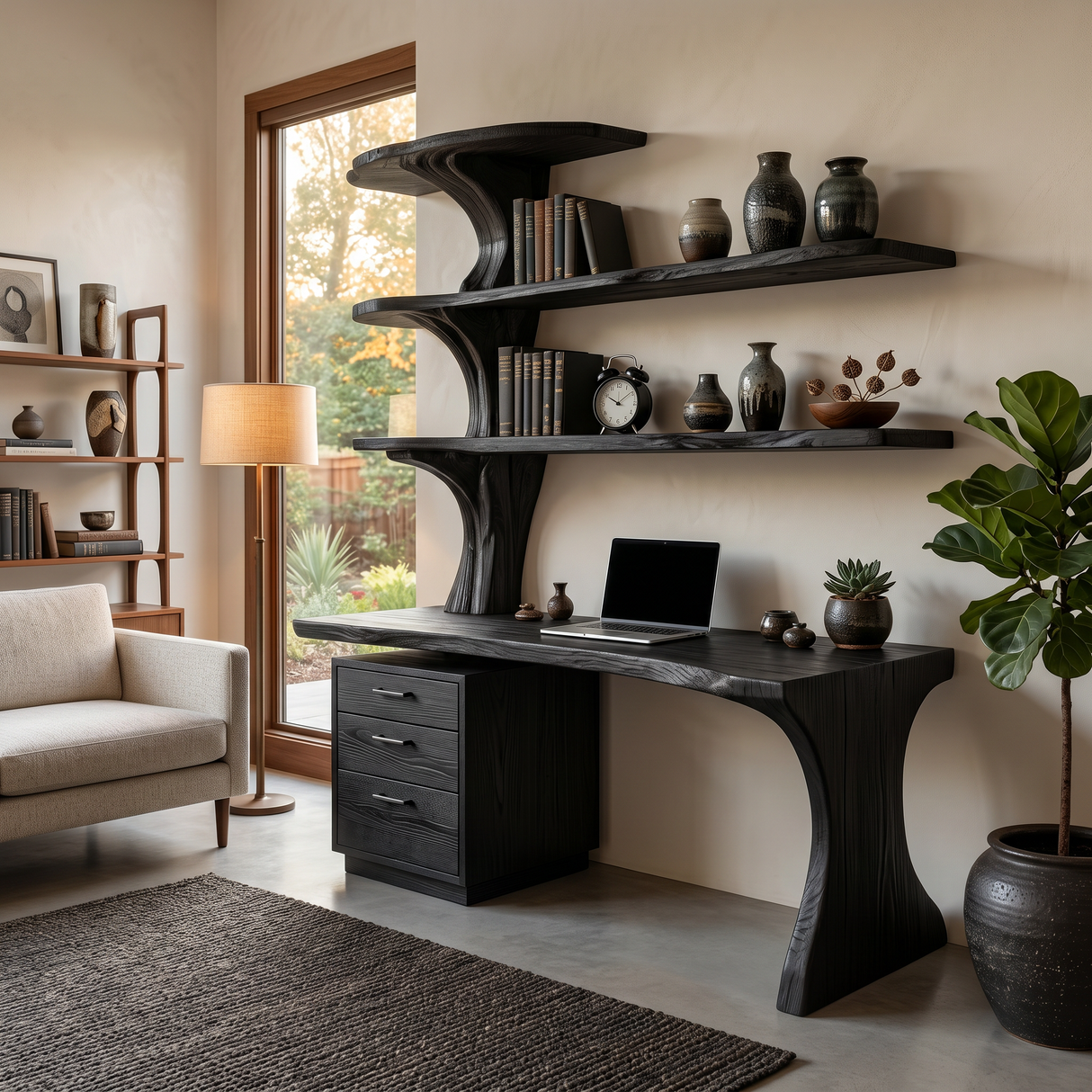 Modern Wooden Desk With Built In Bookshelves For Office Decor
