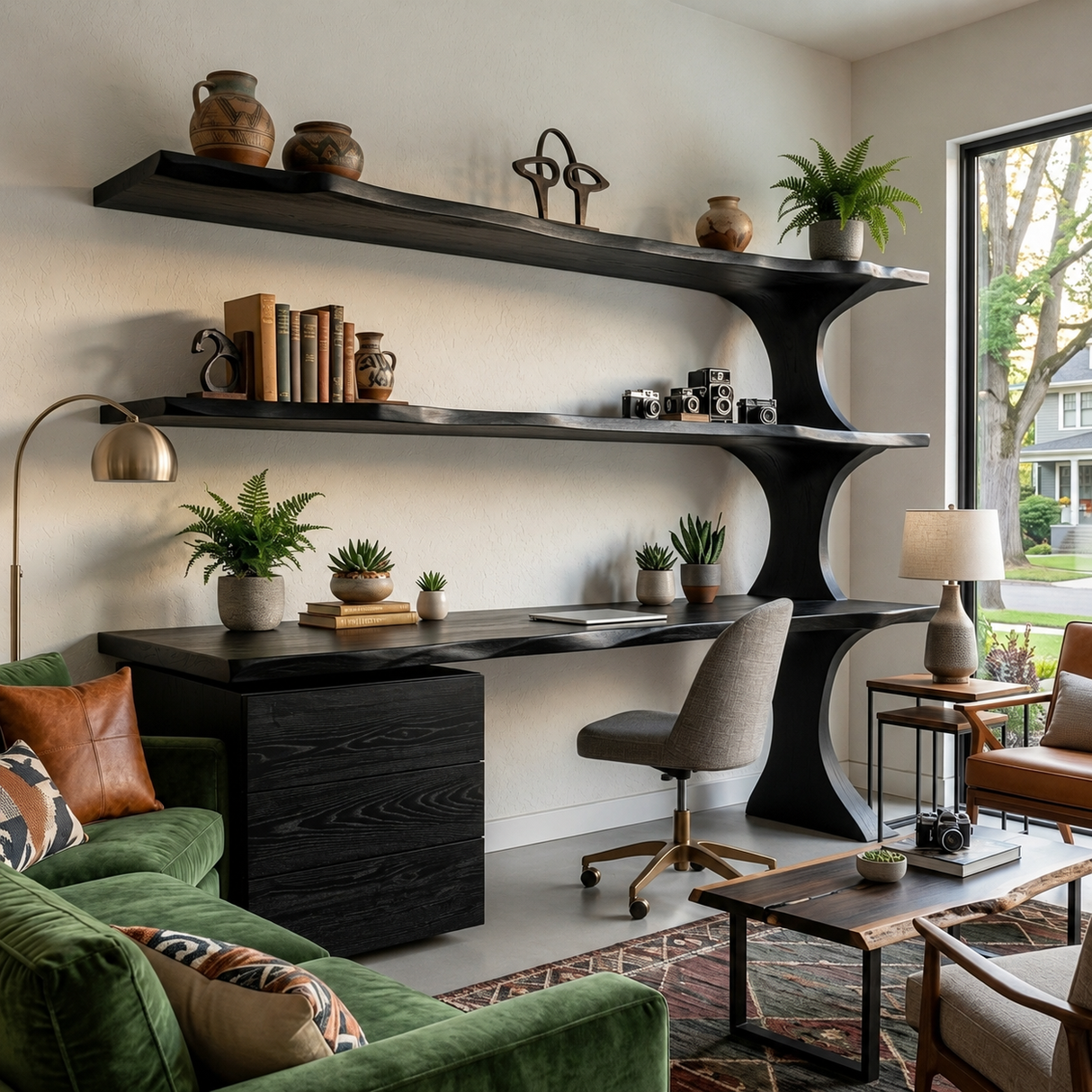 Wooden Desk With Open Bookcase And Drawers For Modern Workspace