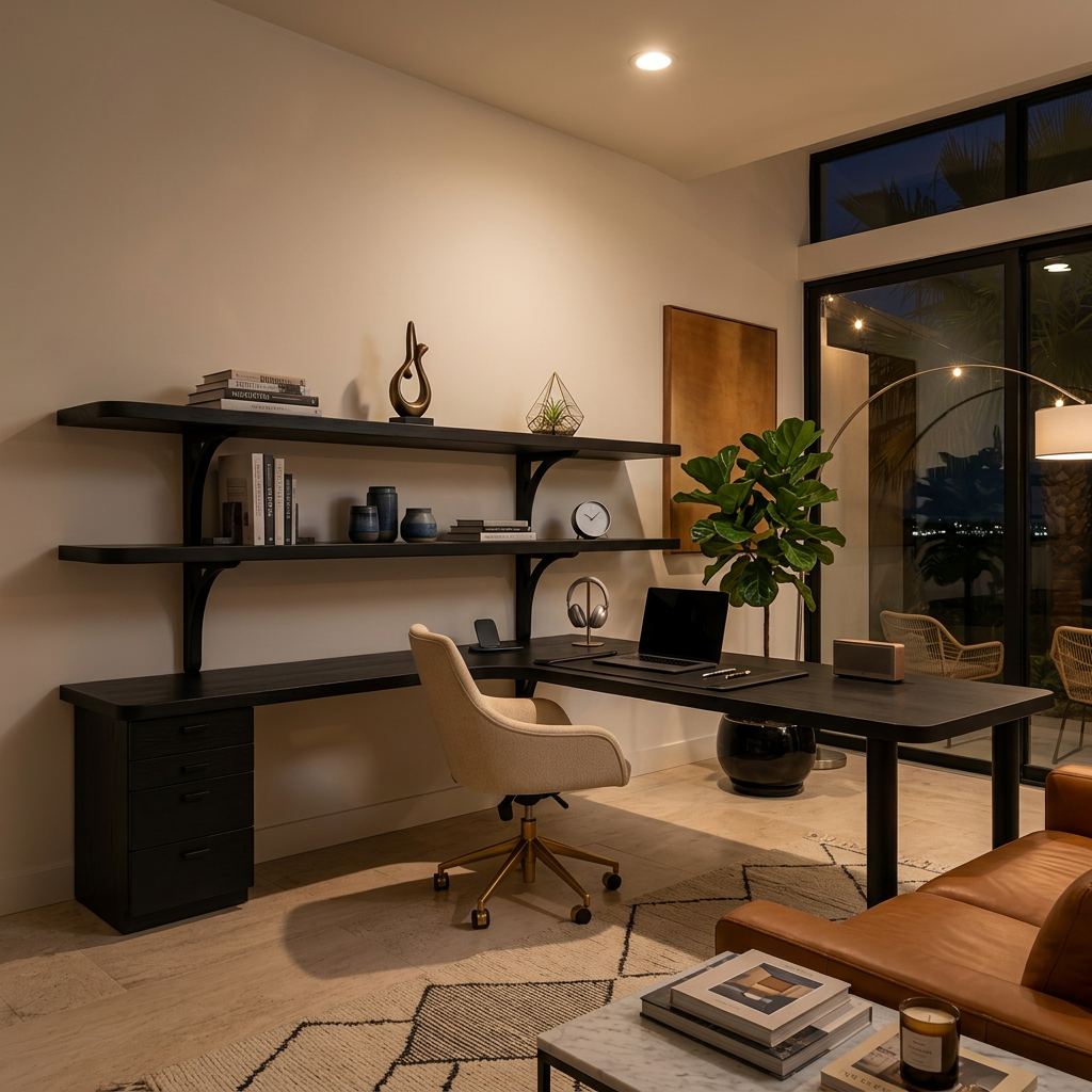 Modern L-Shaped Desk With Open Bookshelves For Home Study