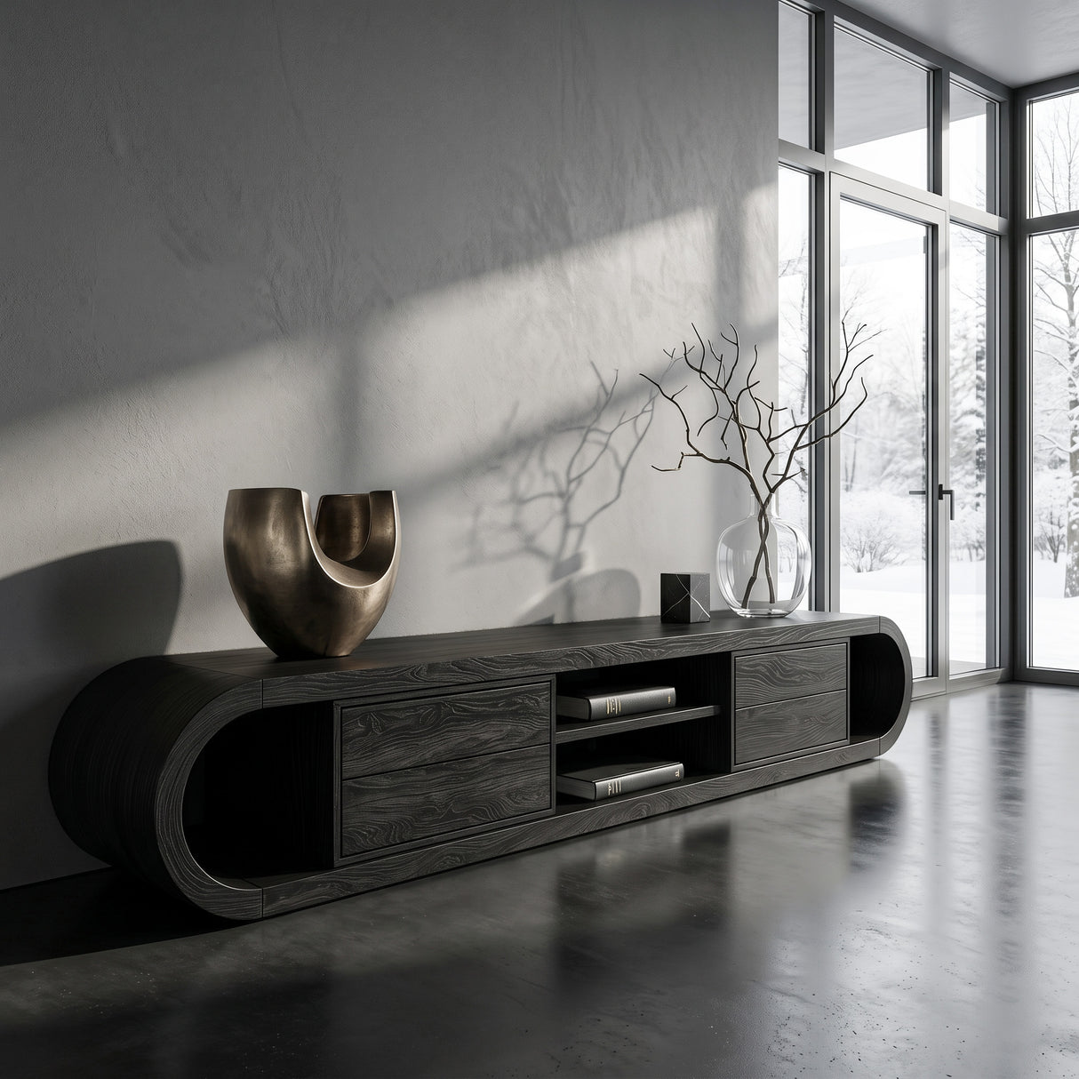 Organic Wooden TV Stand With Rounded Edges For Living Decor