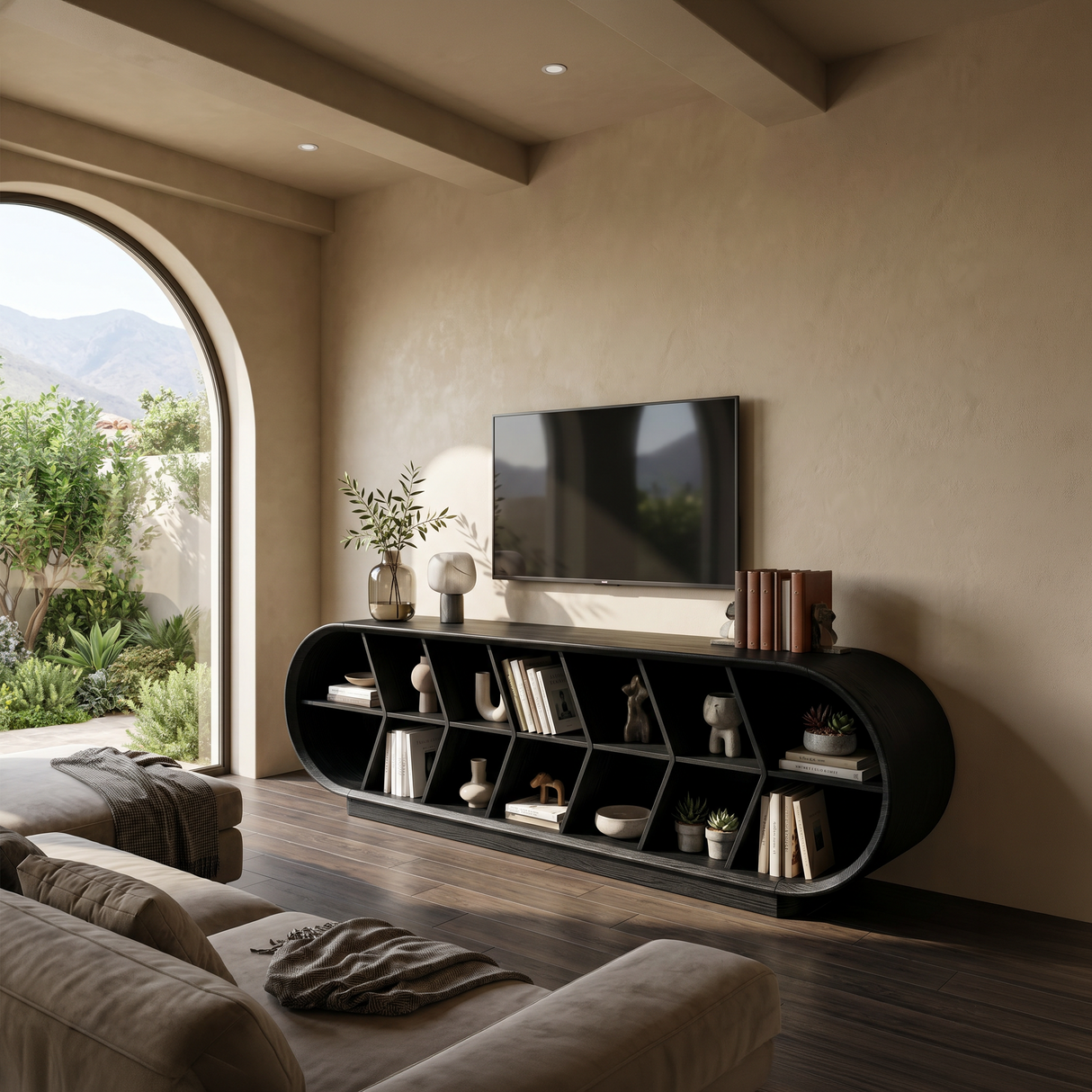 Mid Century Curved TV Stand For Luxury Suite Interior