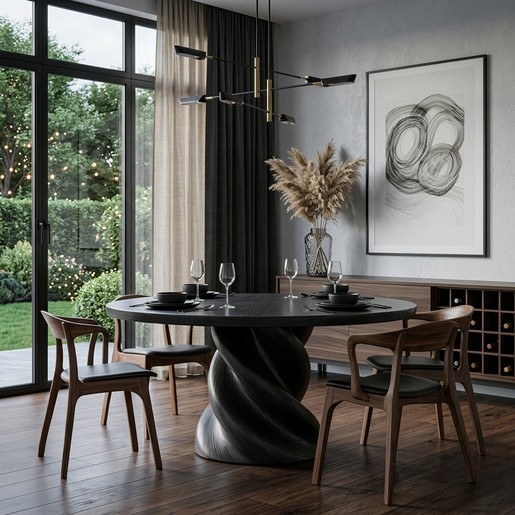 Organic Twisted Pedestal Round Wood Dining Table For Breakfast Nook