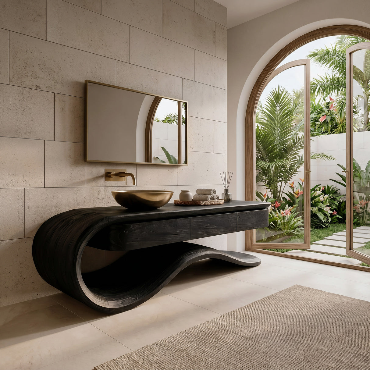 Contemporary Wooden Bathroom Vanity With Wave Base For Bathroom