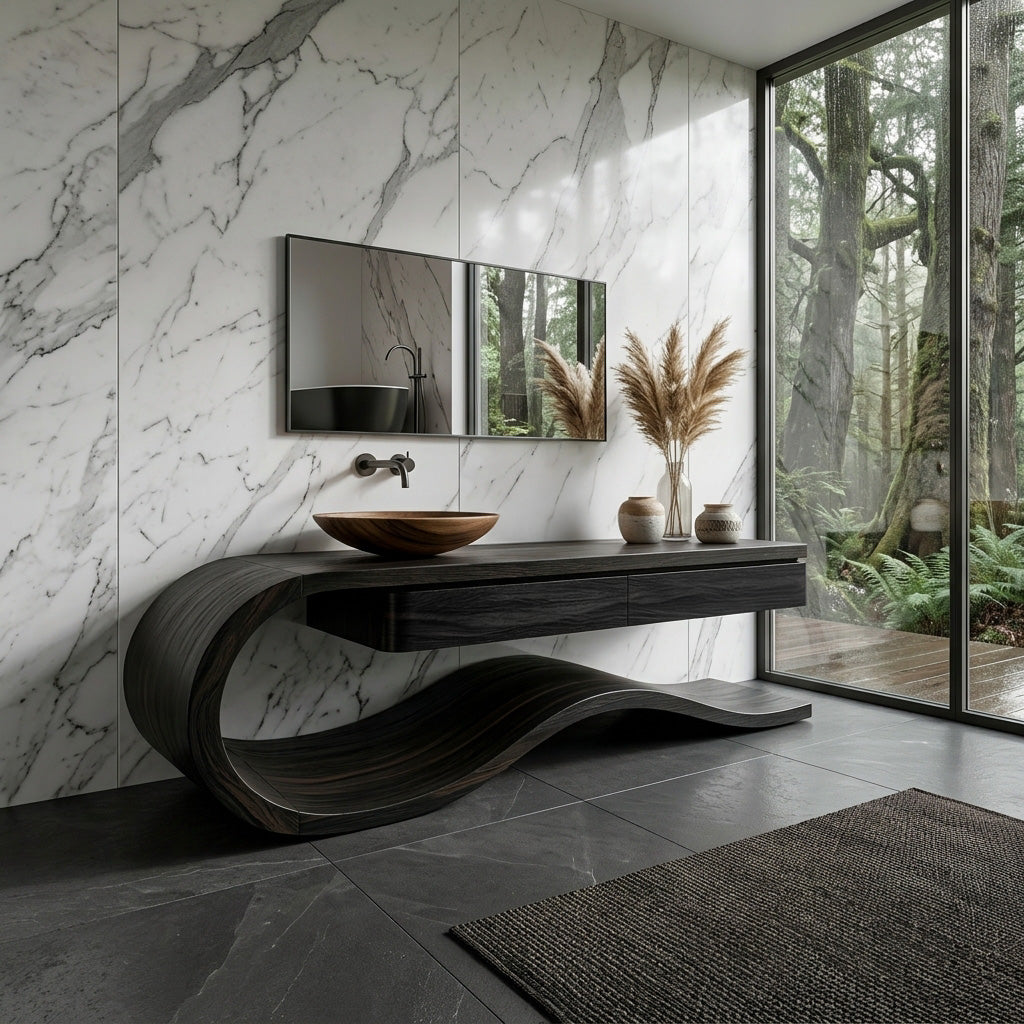 Organic Wooden Bathroom Vanity With Flowing Structure For Bathroom
