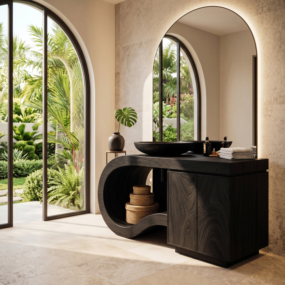 Modern Wooden Bathroom Vanity With Curved Pedestal For Bathroom