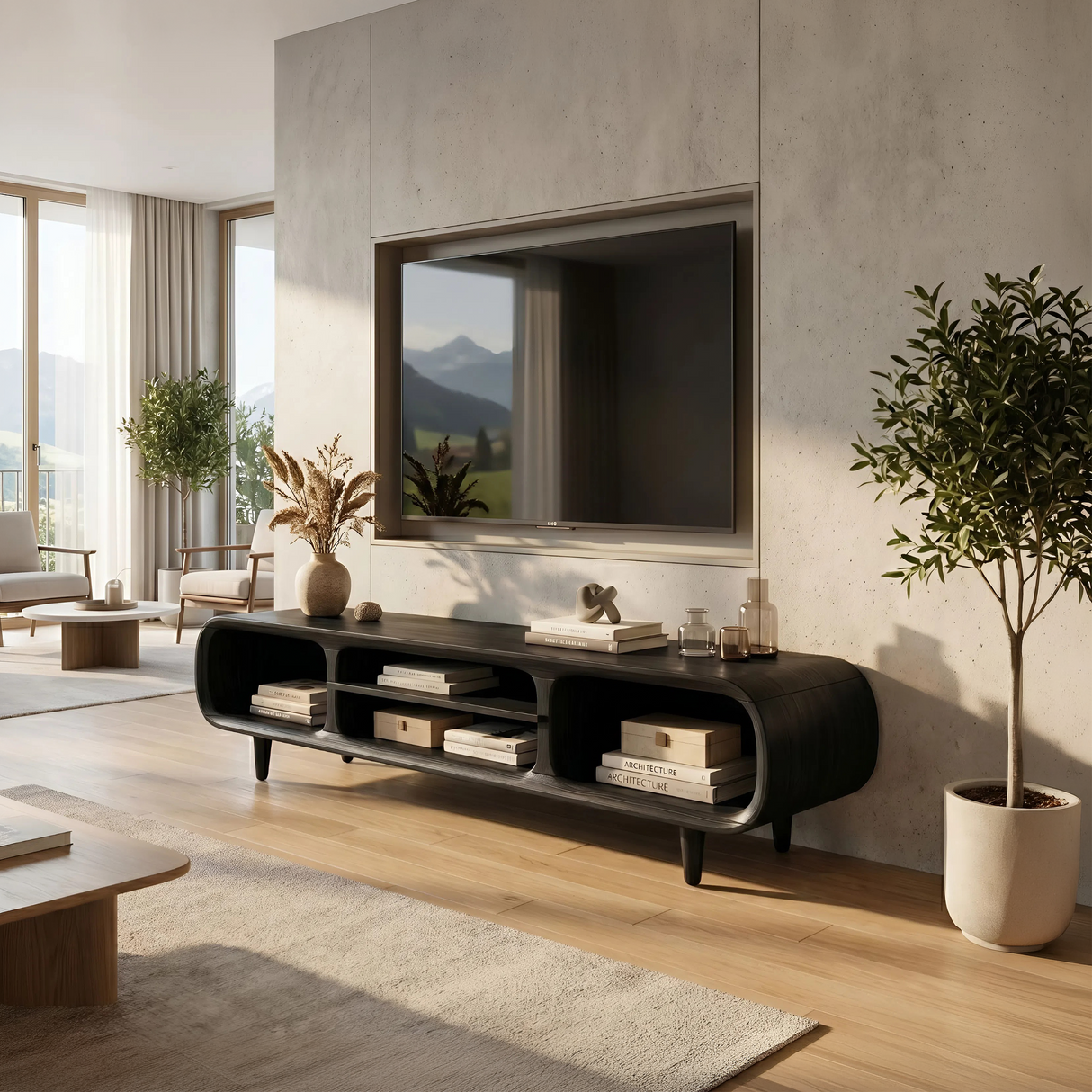 Minimalist Curved TV Stand For Apartment Space