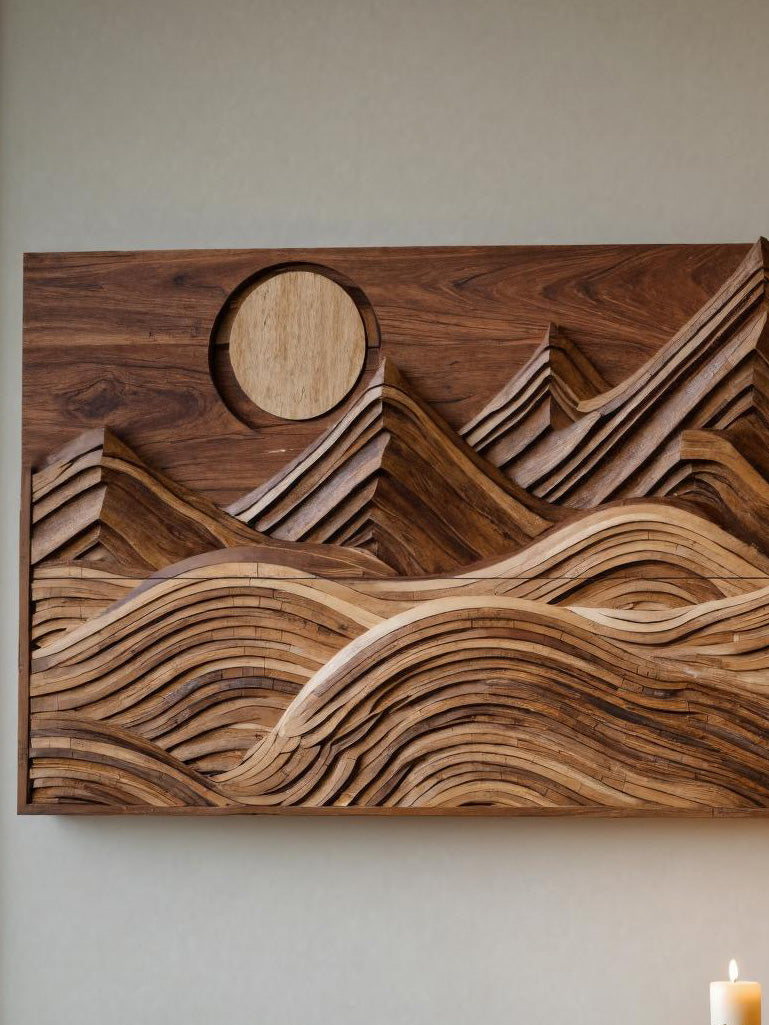 Modern Wall Art With Layered Mountain And Sun For Holiday Decoration