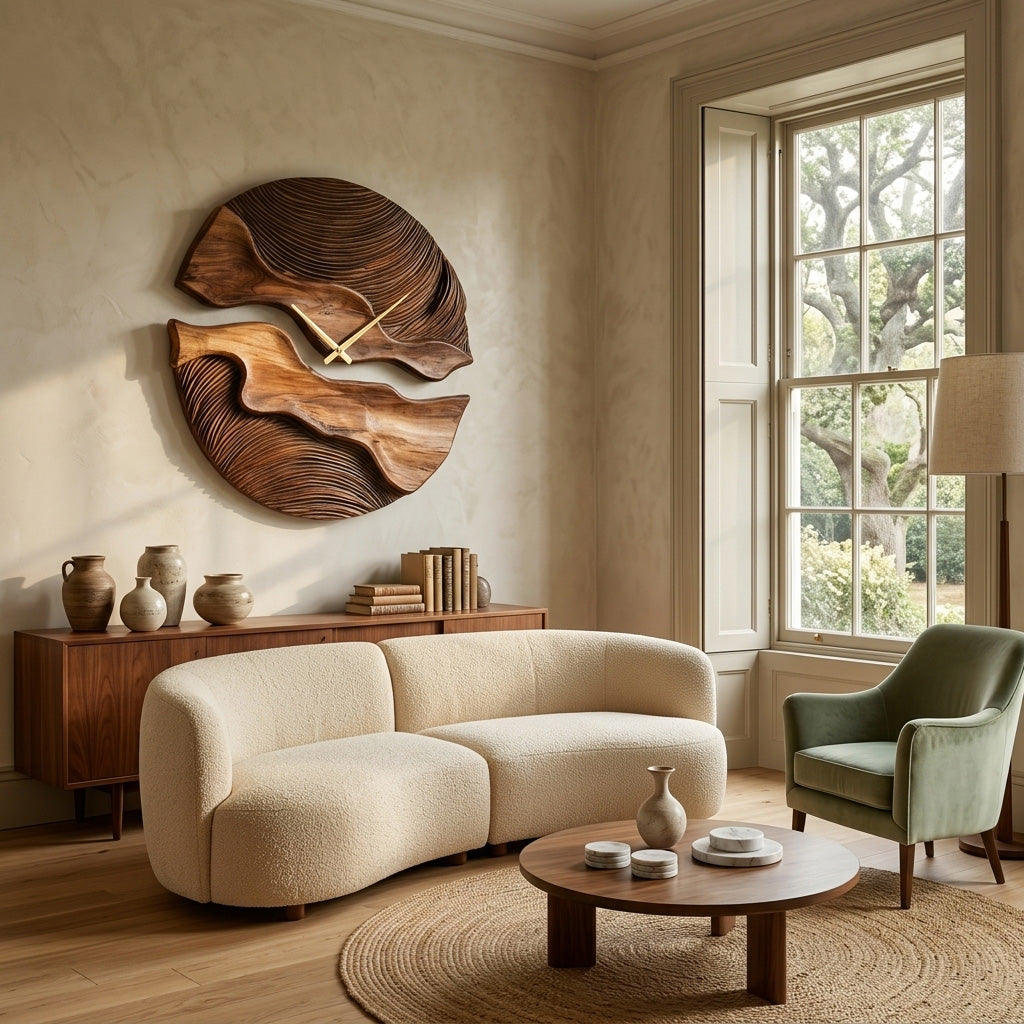 Organic Wooden Wall Clock With Unique Form For Living Room