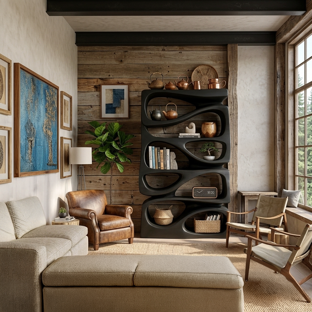 Organic Bookshelf With Display and Storage For Living Room