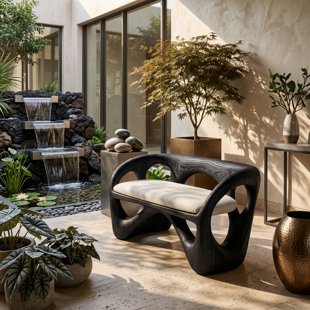 Organic Wooden Bench Contemporary Sunroom