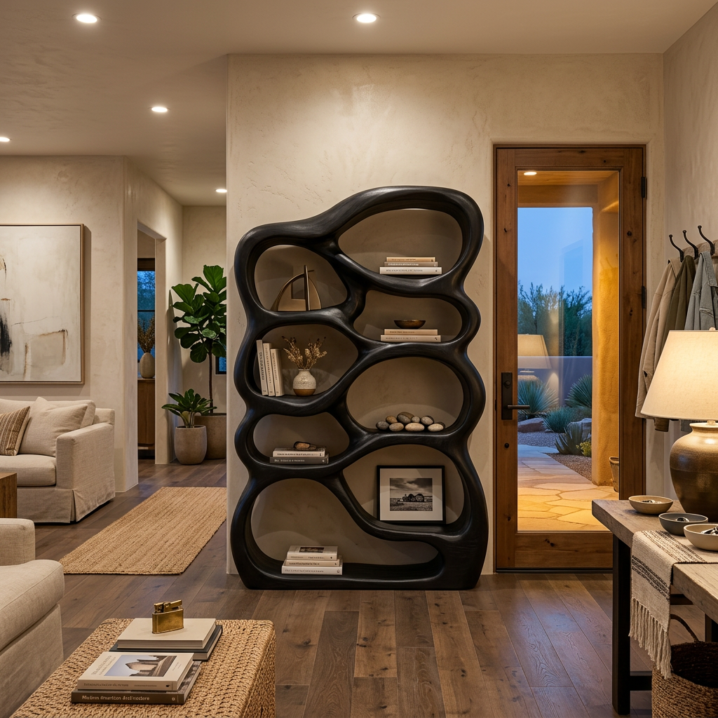 Handcrafted Bookshelf With Curved Open Compartments For Living Room