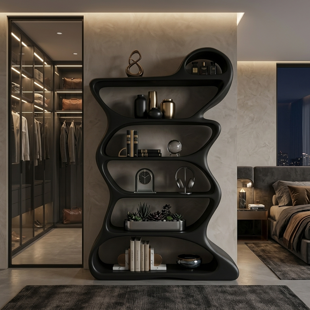 Wooden Bookshelf With Flowing Sculptural Silhouette For Living Room