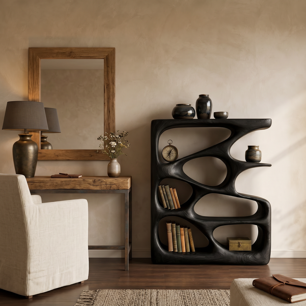 Designer Wooden Bookshelf With Sculptural Shelves For Decorative Accents