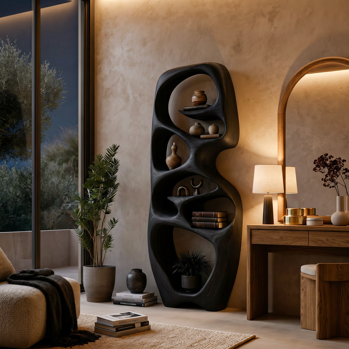 Contemporary Wooden Bookshelf Fluid Sculptural Design For Living Room