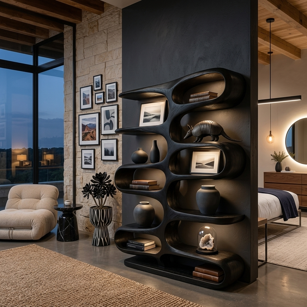 Contemporary Wooden Bookshelf With Sculptural Form For Living Room