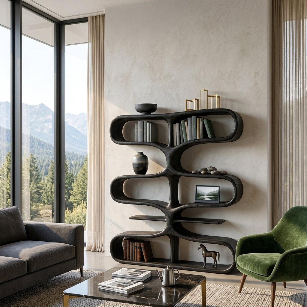 Organic Wooden Bookshelf With Storage Function For Living Furniture